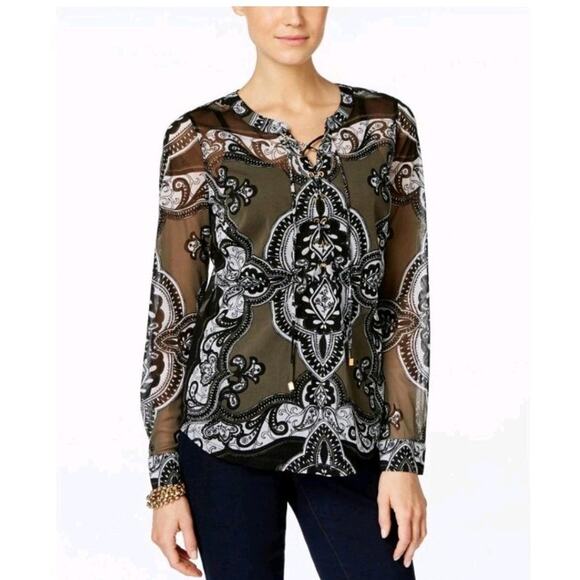 INC International Concepts Green LACE-UP MESH PRINT Sheer Blouse Shirt Top XXL - Picture 1 of 9